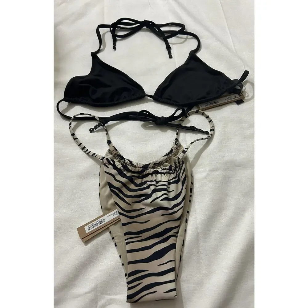 Skims NWT Triangle Top Black & Champagne Tiger Bikini Bottom Size Medium
